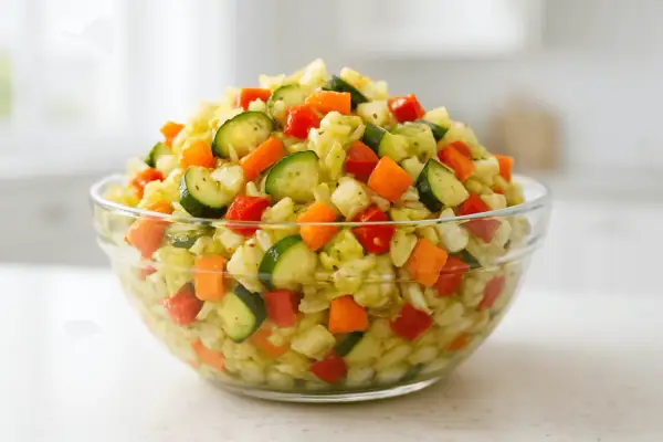 Szklana miska pełna sałatki jarzynowej z kawałkami marchewki, cukinii i papryki.