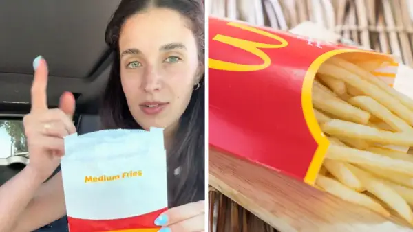 Kobieta trzyma opakowanie frytek McDonald's, obok widać pudełko z frytkami.