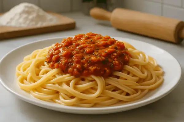Pyszny makaron spaghetti z sosem pomidorowym. Idealny przykład, jak zrobić sos do makaronu, który zachwyci każdego.